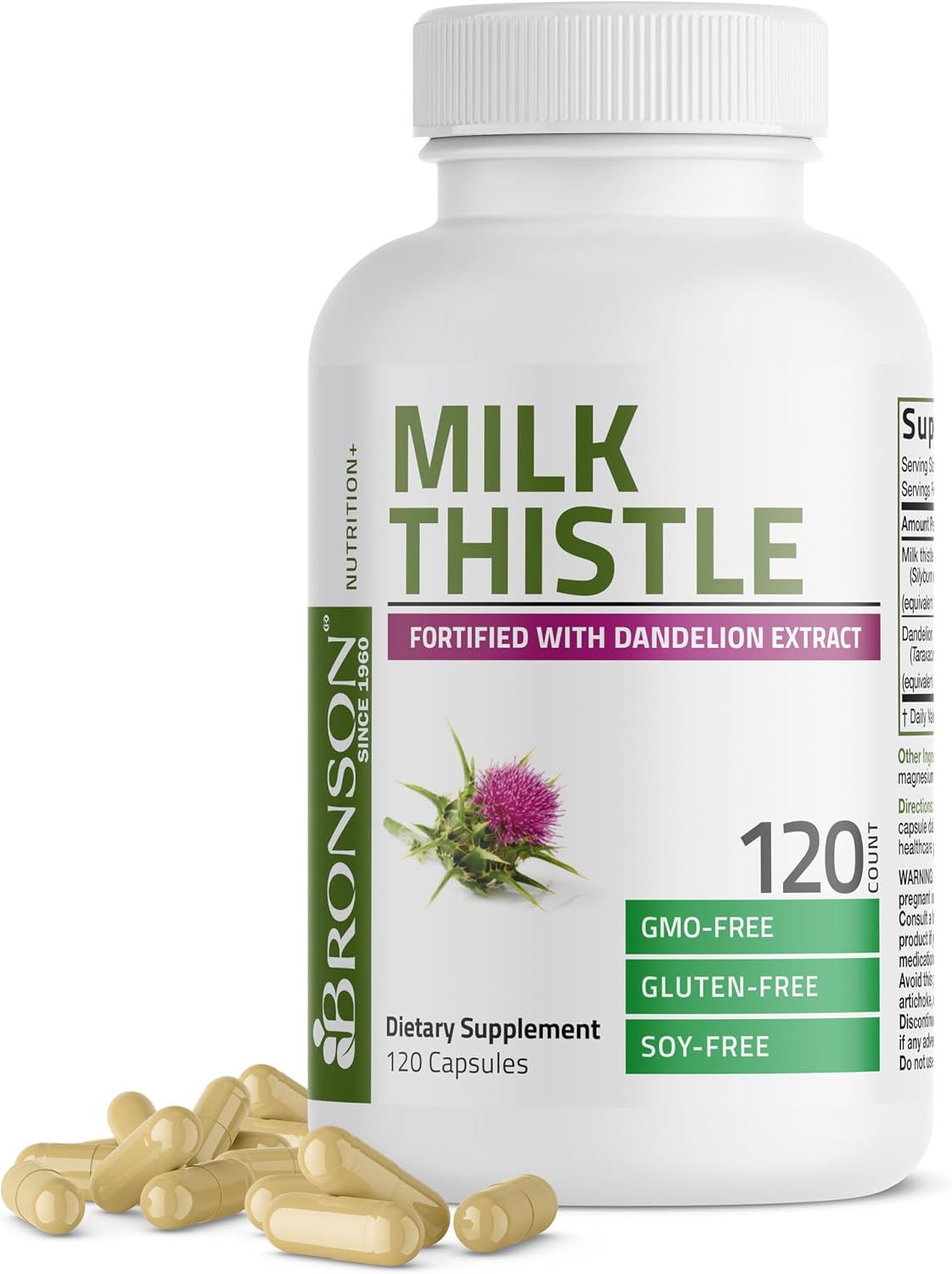 Bronson Milk Thistle Silymarin Marianum & Dandelion Extract, 120 Capsules | 2-in-1 Liver Cleanse, Health, Detox & Antioxidant Support, Non-GMO, Gluten-Free, Soy-Free