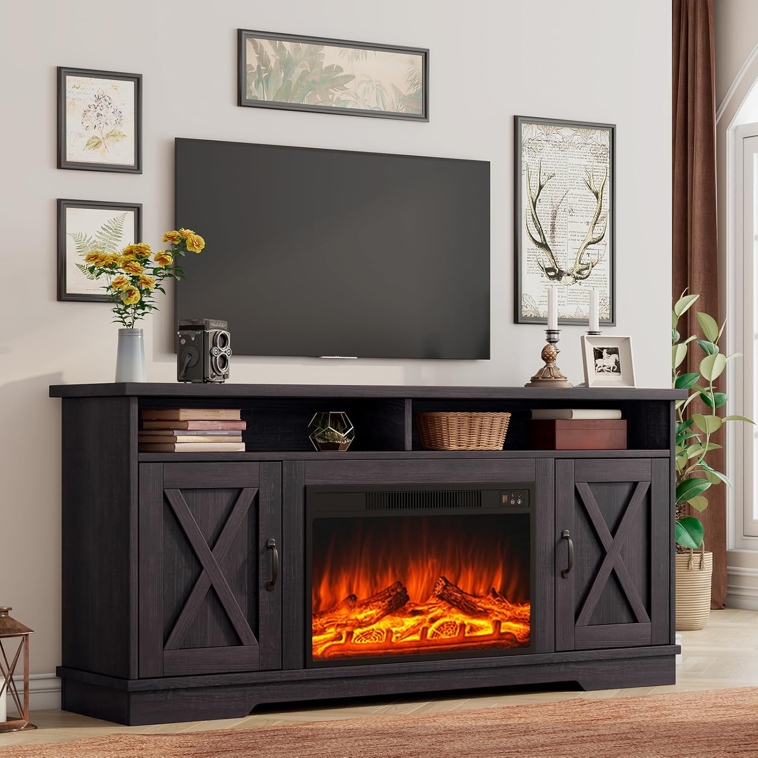 AMERLIFE Farmhouse TV Stand with 26" Fireplace, 63" Wood Rustic Entertainment Center with Fireplace and Barn Doors, Modern Media TV Console Cabinet with Adjustable Shelves, Dark Walnut & Wood