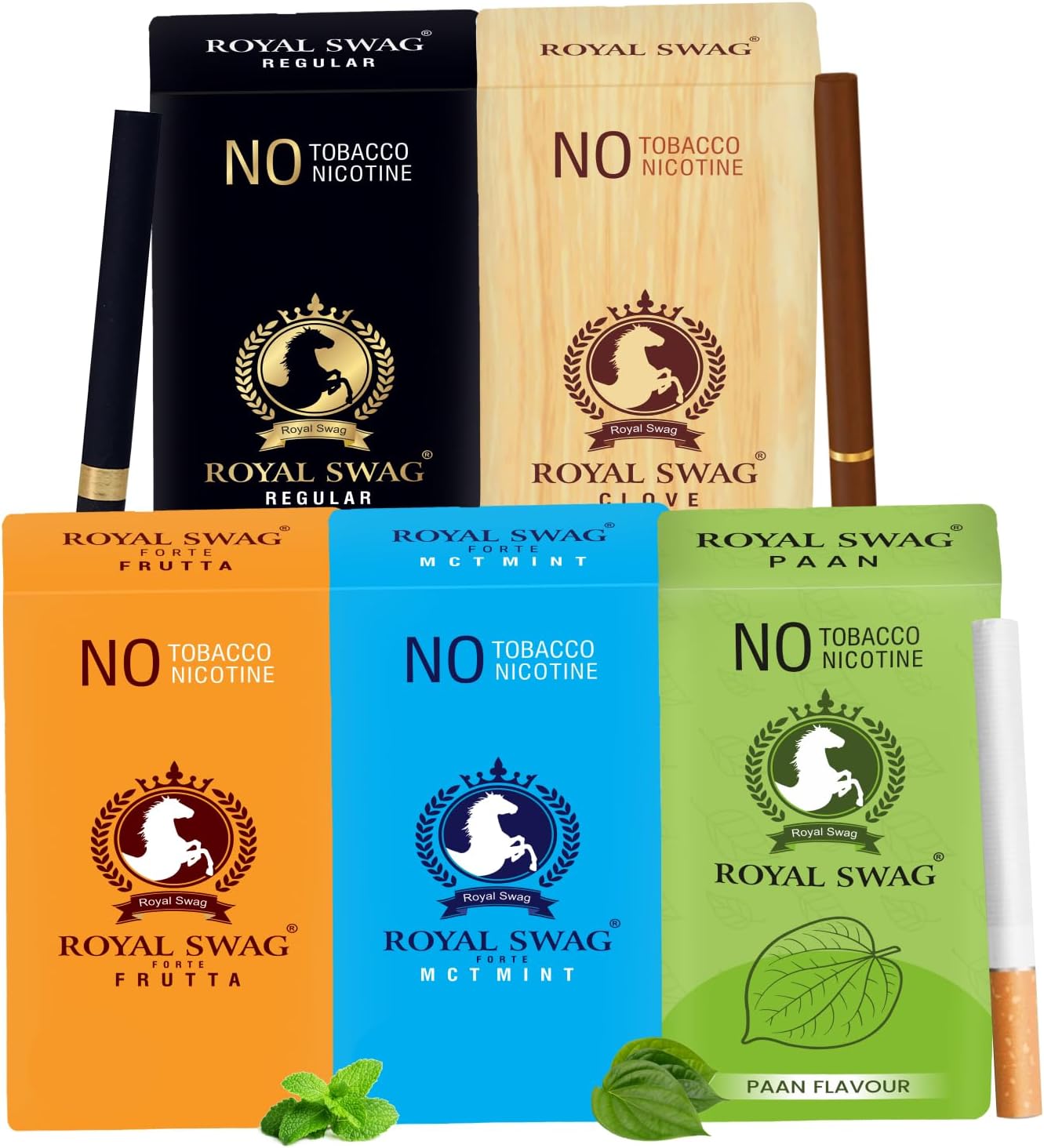 Royal Swag Herbal Cigarettes 05 Flavours - Regular, Clove, Frutta, Mint, and Ginger(10 Sticks Each) | 100% Tobacco Free & Nicotine Free | 50 Sticks (Slim King Size)
