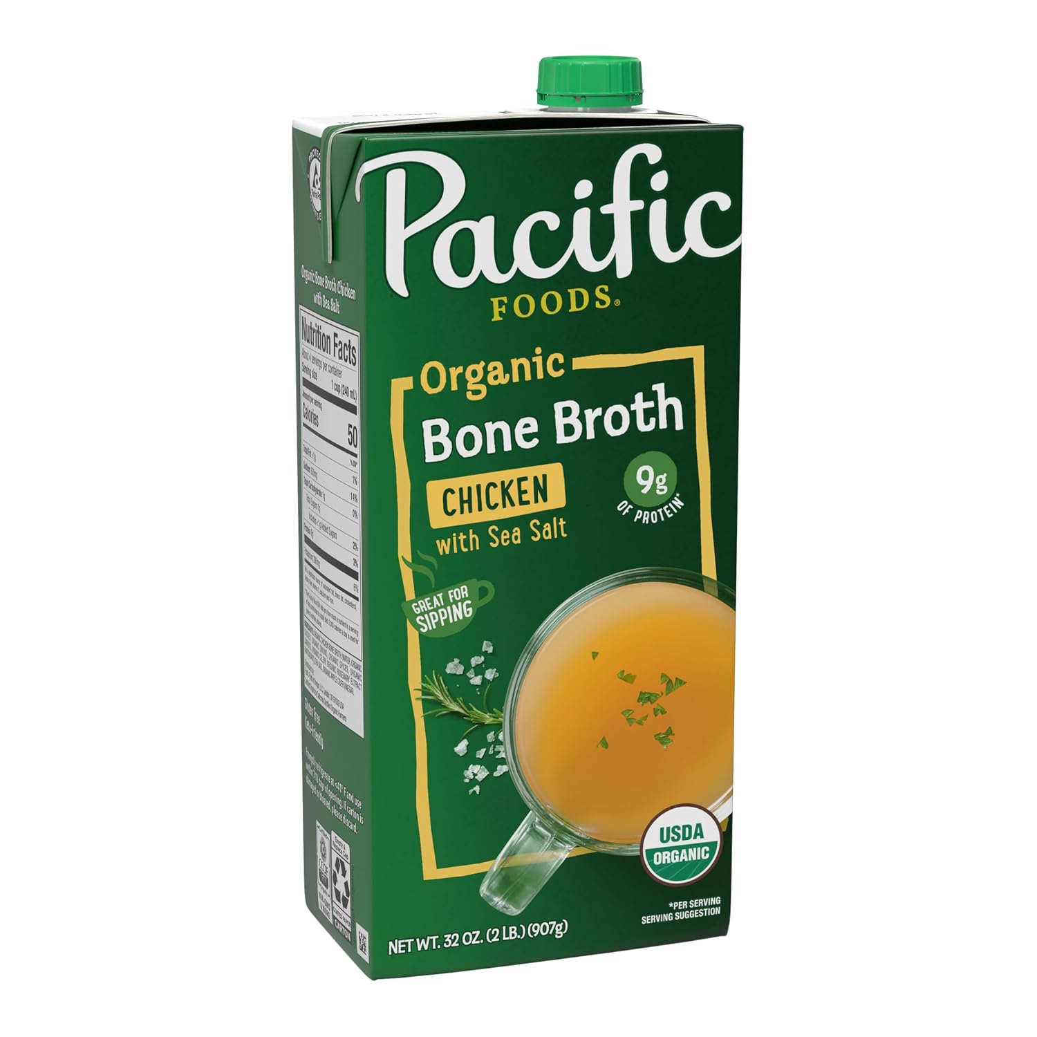 Pacific Foods Organic Chicken Bone Broth With Sea Salt, 32 oz Carton