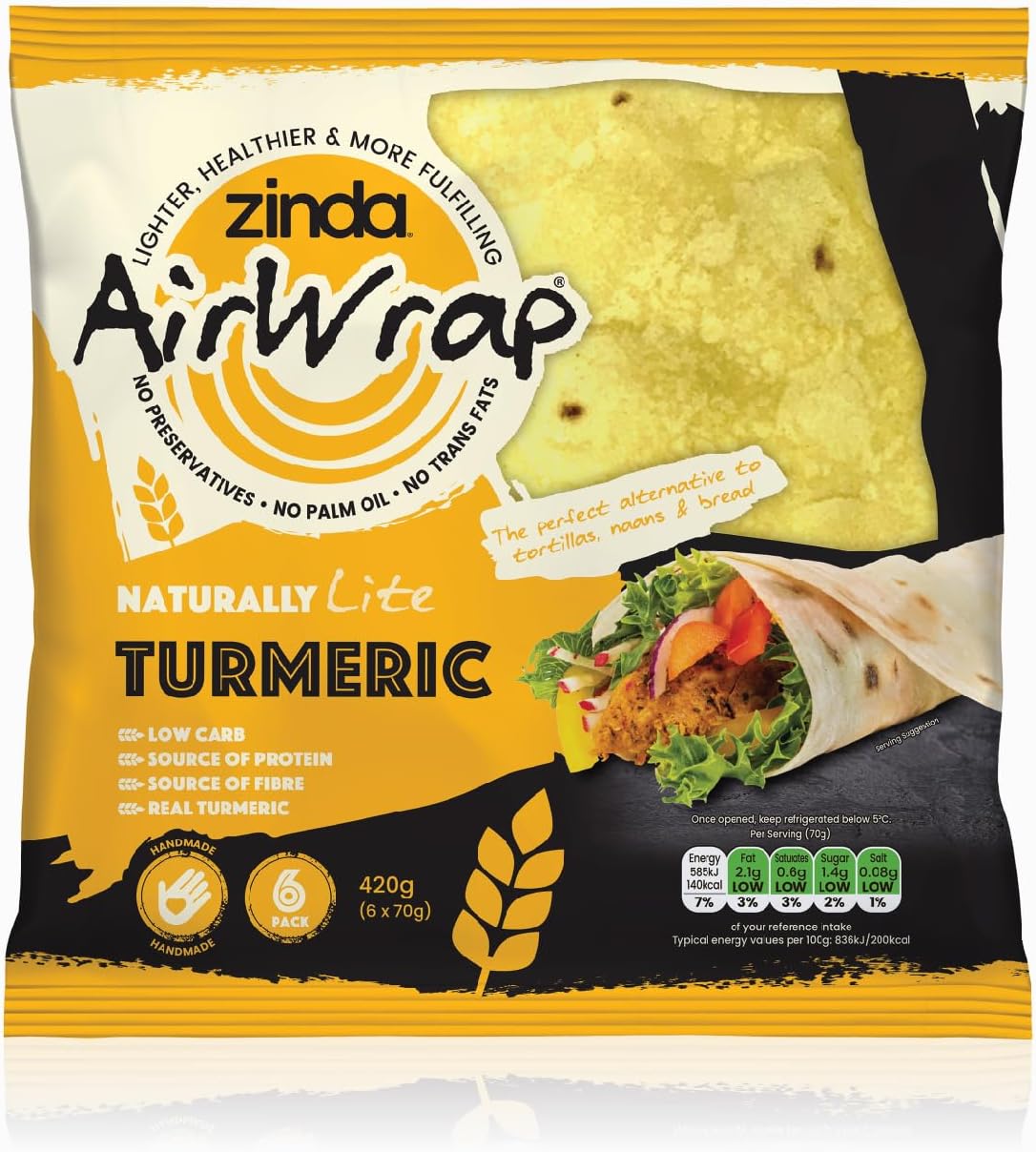 Zinda Turmeric Tortilla Natural AirWrap, 6x70g Wraps, Just 6 Ingredients, No Preservatives, No Palm Oil, No Trans Fats, Low Carb, Source of Fibre, Source of Protein, Vegan Wrap with Real Turmeric.