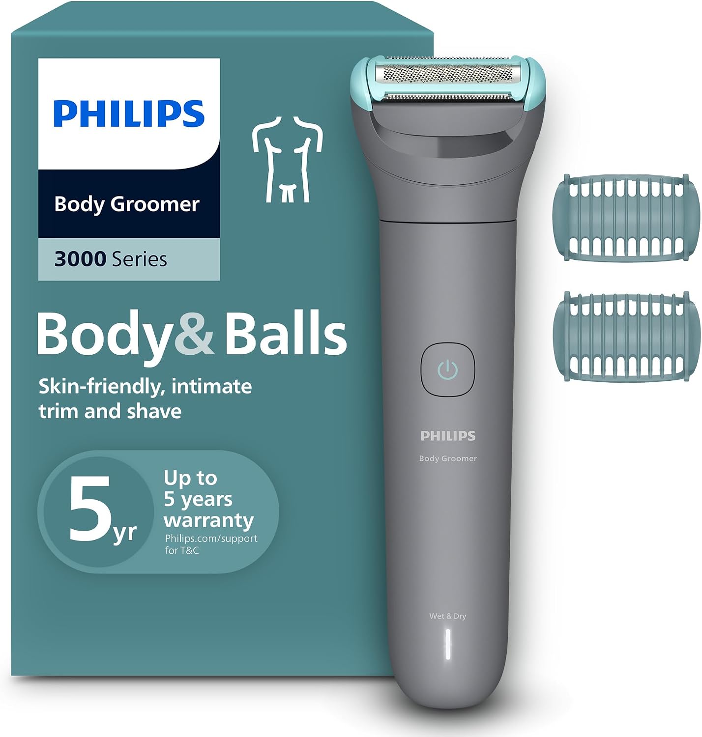 Philips Body Groomer 3000 Series - Trimmer for Men with Triple Protect Shave System, Intimate Trim & Shave, Close and Smooth on Skin, 100% Showerproof, 80 Min. Runtime, Model BG3480/15