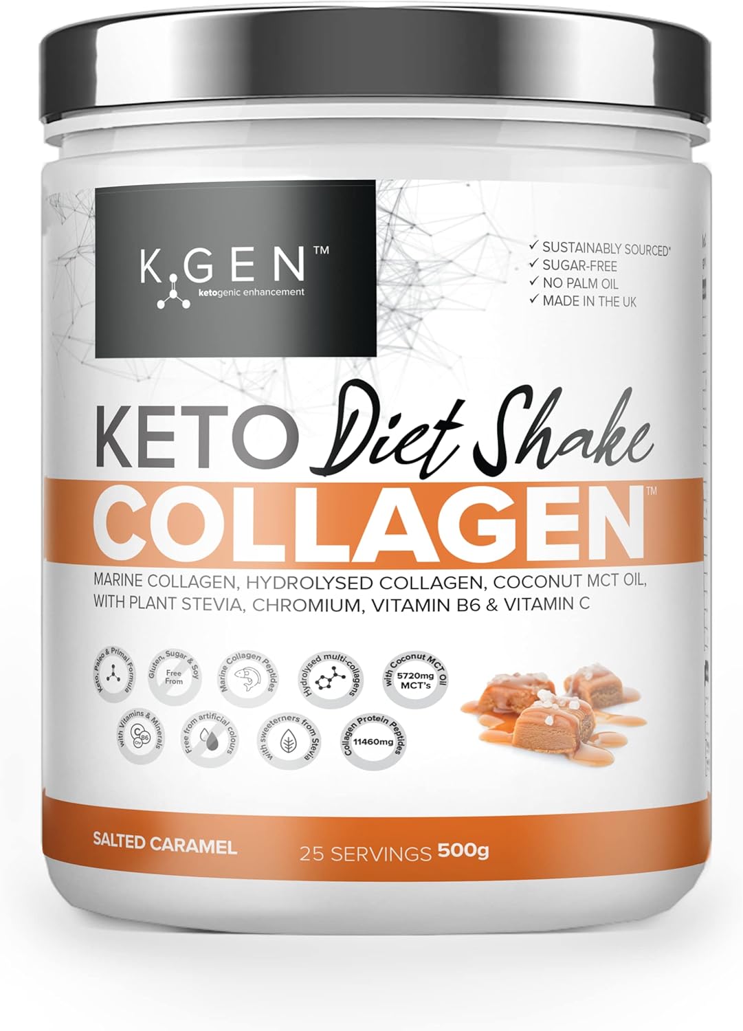 K-GEN Diet Shake Meal Replacement Keto Collagen Powder | Multi Collagen Protein with MCT Oil, Vitamin C | Advanced Keto Complete Powder for Meal Replacement Gluten & Sugar Free (Salted Caramel 500g)