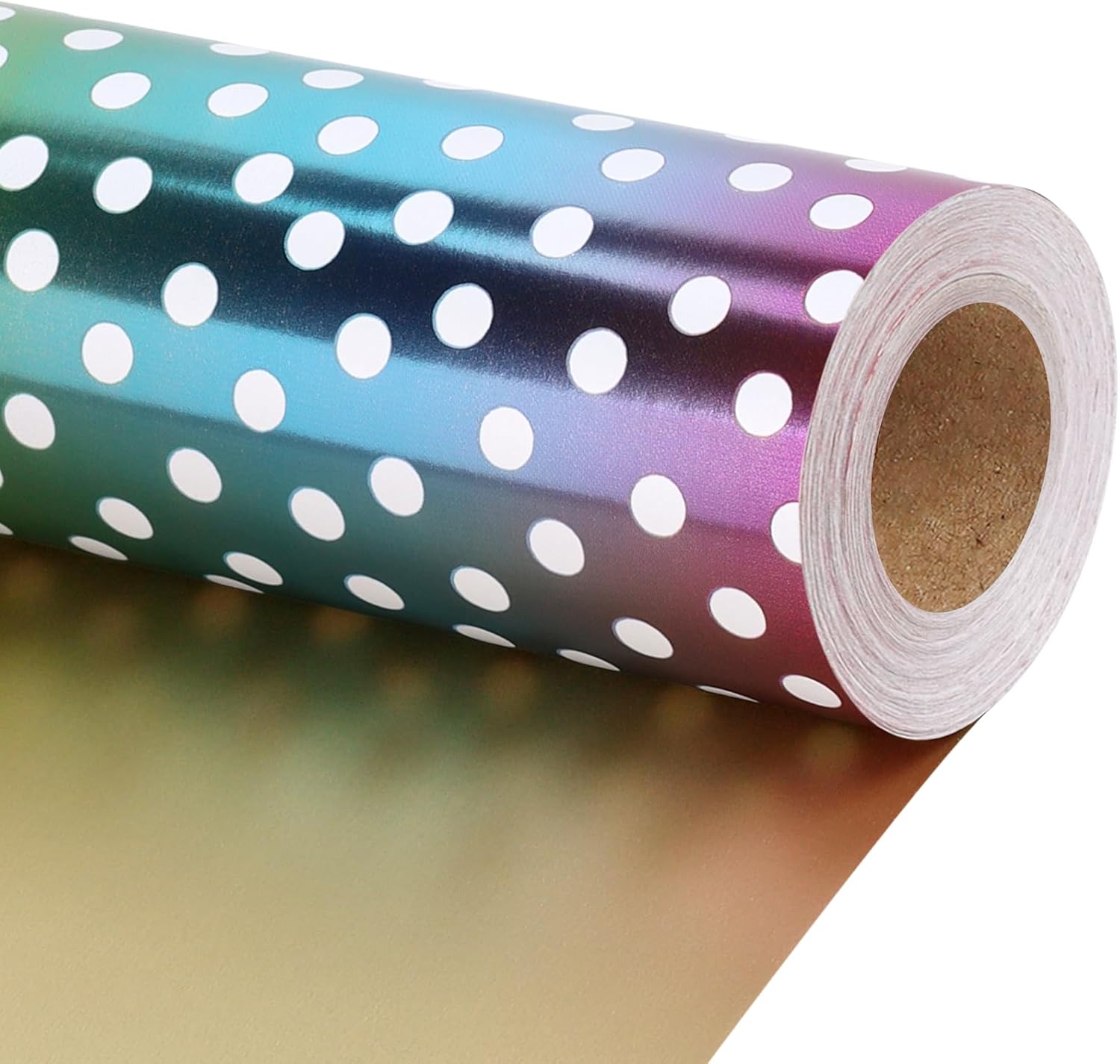 LaRibbons Reversible Gift Foil Wrapping Paper, with Gold Twine String, White Polka Dots on Rainbow & Solid Brown Design for Birthday, Baby Shower, Party Celebration, 17 Inch X 40 Feet (56.6sq.ft.ttl.)
