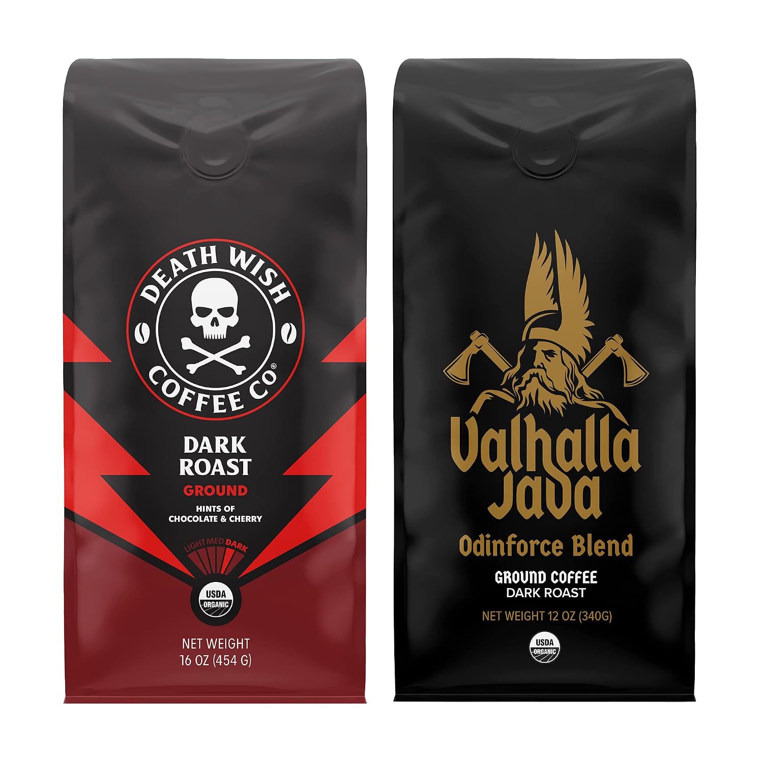 Death Wish Coffee, Dark Roast Grounds 16 Oz & Valhalla Java Ground 12 Oz - Extra Kick of Caffeine in 1 Powerful Bundle - Hardcore Coffee from Arabica & Robusta Beans for Tough Days