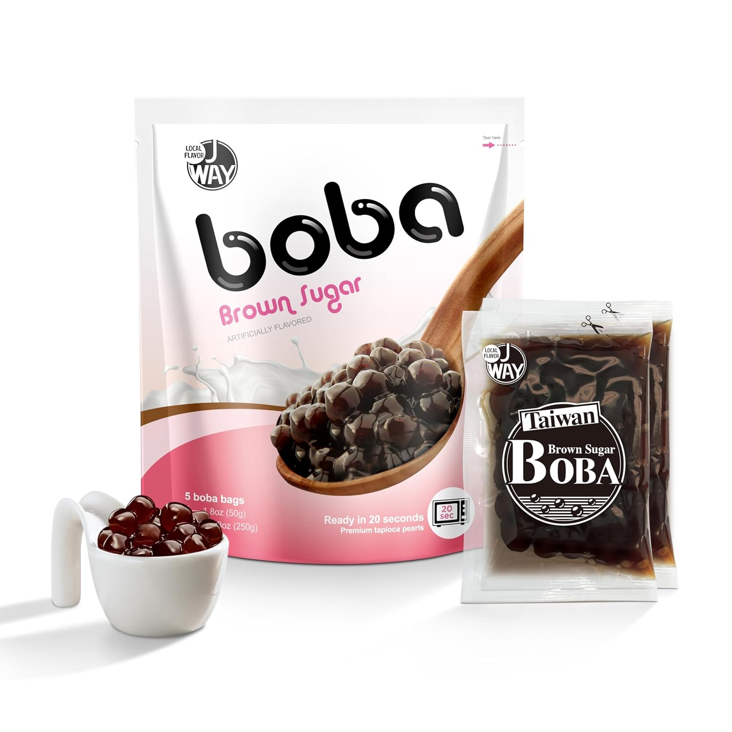 JWAY Instant Brown Sugar Boba Pearls, Authentic Taiwanese Tapioca Pearls for Bubble Tea, Milk Tea, Smoothies & Desserts, Ready in 20 Seconds, Gluten Free, Vegan, 5 Servings