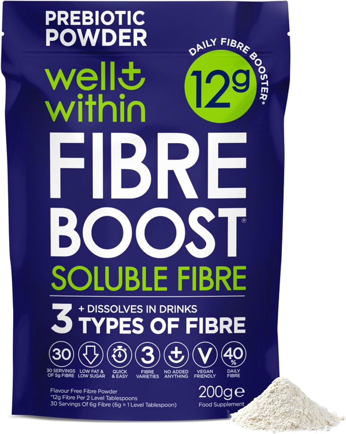 12g Soluble Fibre Supplement, 40% NHS Daily Intake, 3in1 Fibre Powder : Inulin Acacia FOS (Fructooligosaccharides) Well Within Prebiotics for Gut Health (200g Bag, 30 x 6g Fiber) Pre Biotic Drink