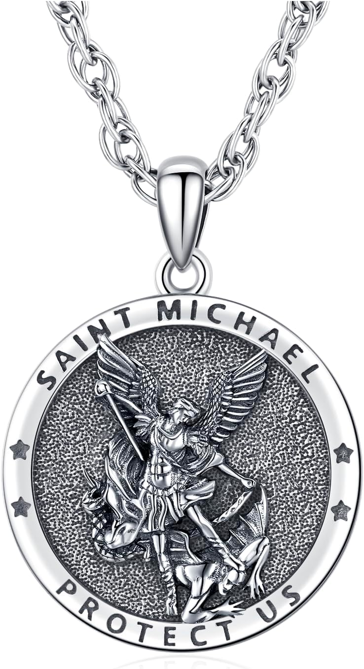 Odinstone 925 Sterling Silver St Michael/St Christopher/St Benedict/Jesus Crucifix/St Uriel/Archangel Raphael Medal Necklace for Men Women Religious Amulets Jewelry Gifts