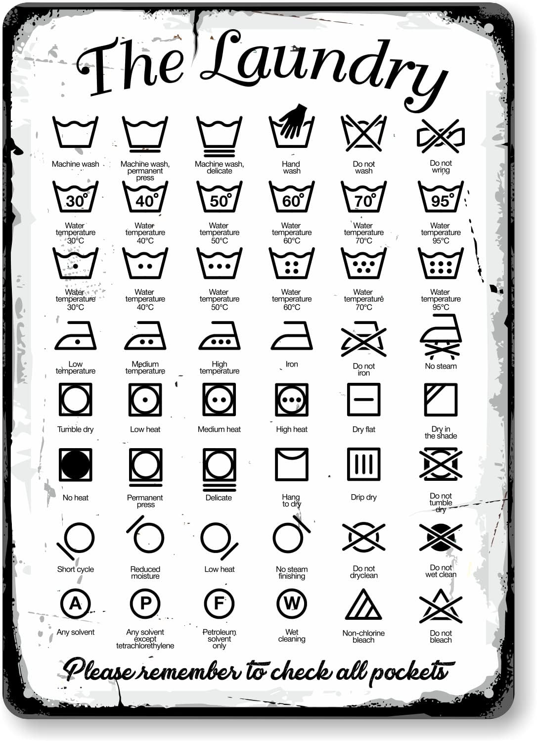 Vintage Laundry Symbols Sign, “Please Remember to Check All Pockets” Vintage Laundry Room Sign, 8x6 in Tin Sign Home Decor Home Art Metal Signs Wall Art Wall Decor Poster