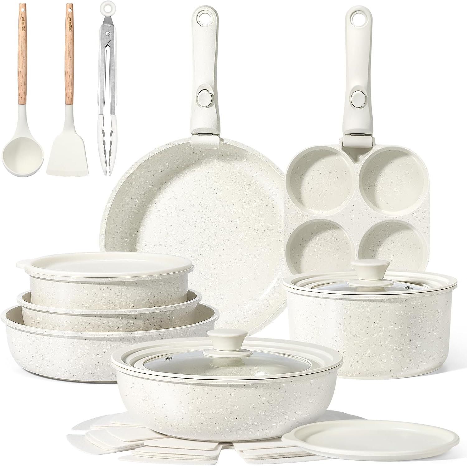 GiPP Ceramic Pots and Pans Set Non Stick, Nonstick Detachable Handle Cookware Sets, Healthy Non Toxic PFAS PFOA & PTFE Free, Dishwasher ＆Oven Safe, Induction Kitchen Pot and Pan, 21 Piece Cream