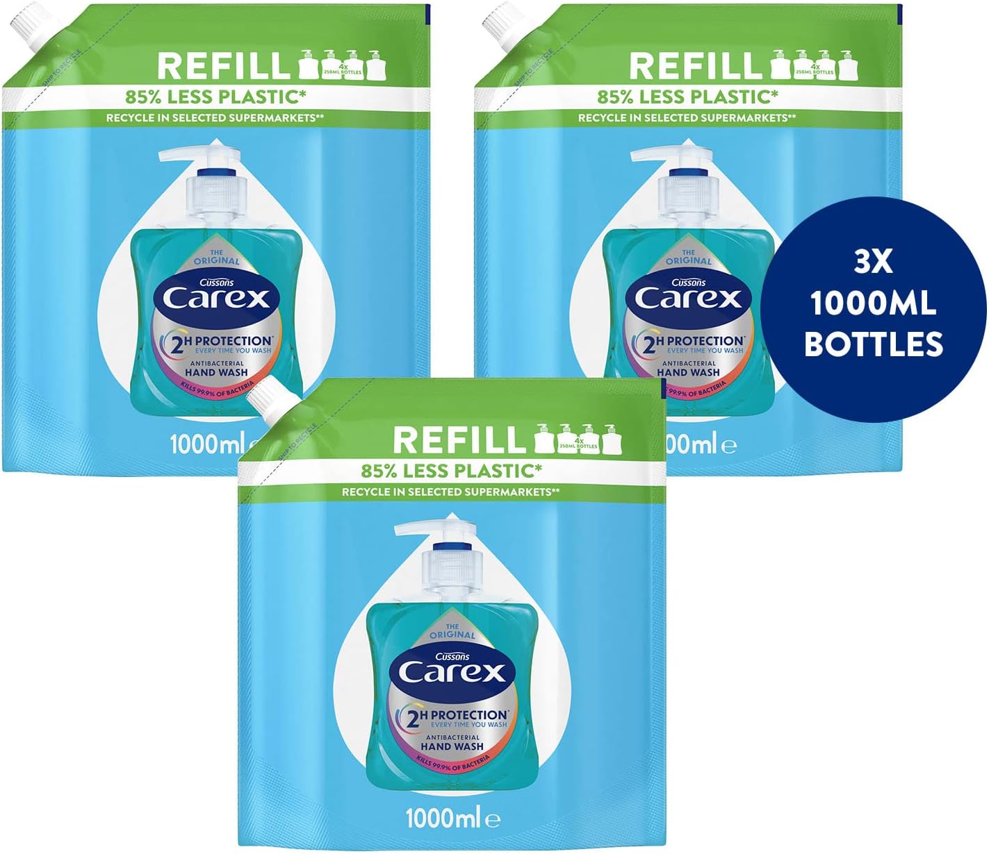 Carex 2 Hour Protection Antibacterial Original Hand Wash Refills, Liquid Hand Soap Eco Refill for Homes & Businesses, Clean & Protect Hands, Bulk Buy, Pack of 3 x 1 litre