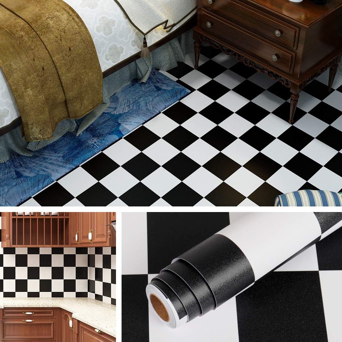 Livelynine 15.8X394 Inch Checkered Black and White Contact Paper for Floors Waterproof RV Flooring Peel and Stick Vinyl Linoleum Flooring Roll Adhesive Wallpaper To Cover Bathroom Tile Kitchen Sticker