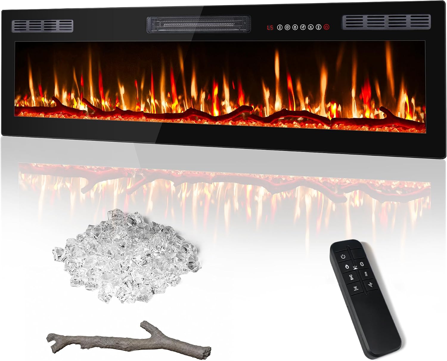 72 inch Ultra-Thin Electric Fireplace, Black | Recessed & wall mounted slim linear heater for 2x4 & 2x6 studs, 750W/1500W ultra-quiet with remote, flame colors & timer