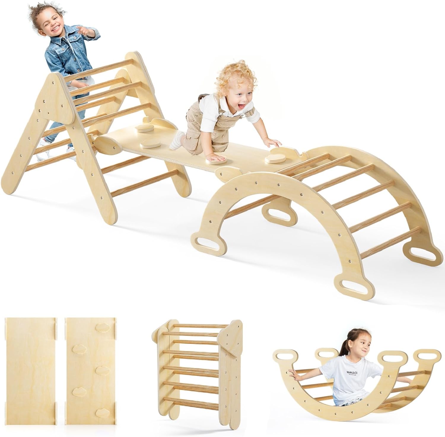 Olakids Pikler Triangle Set 7 in 1 Climbing Toys for Toddlers 1-3 Indoor Kids Activity Playground with Slide Ramp Arch Rocker Ladder Inside Foldable Wooden Montessori Jungle Gym (Wooden)