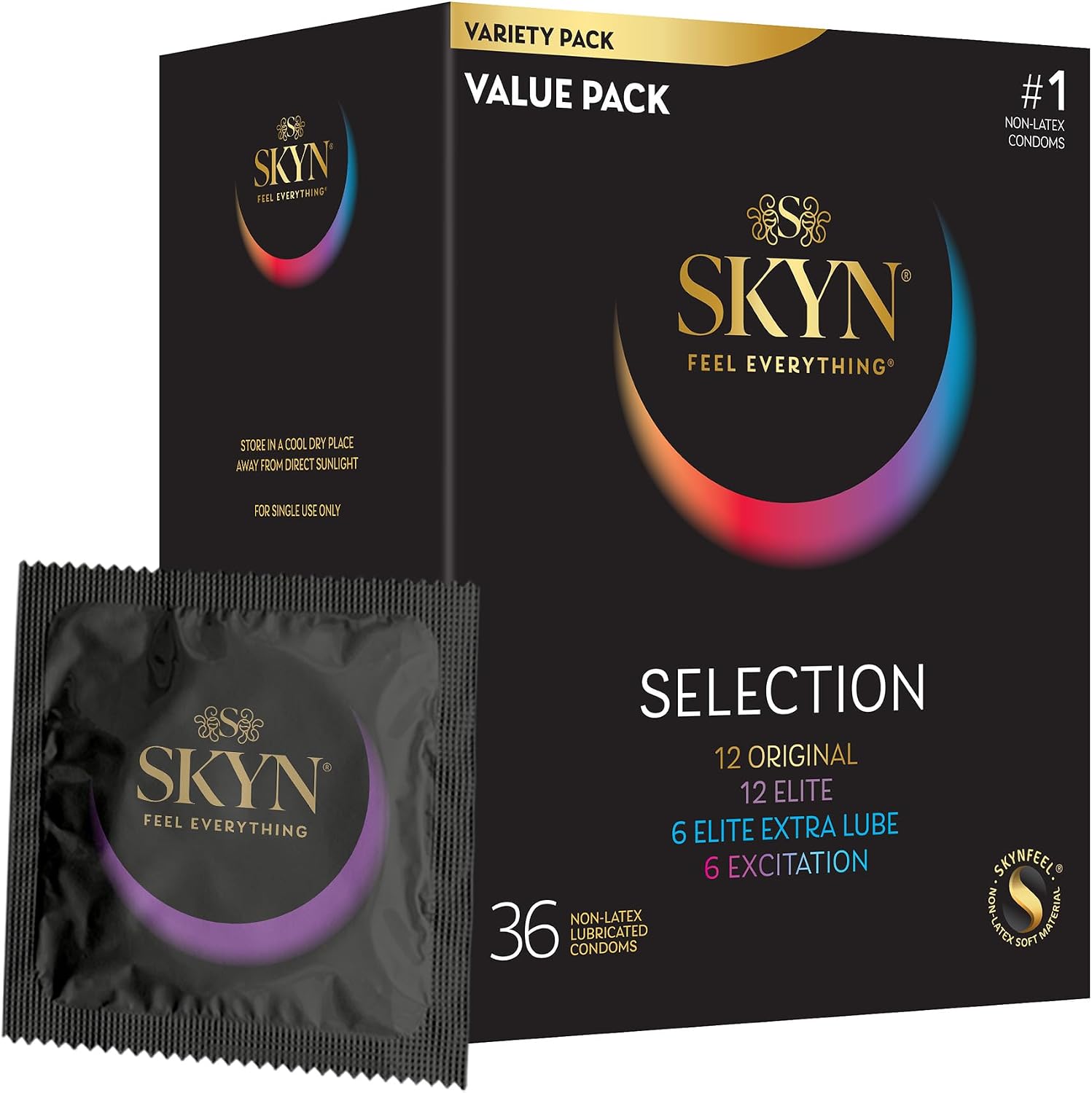 SKYN Selection Non-Latex Condoms, Regular Fit Variety Pack Contains SKYN Elite, Original, Excitation, Extra Lube, Condoms, 36 Count