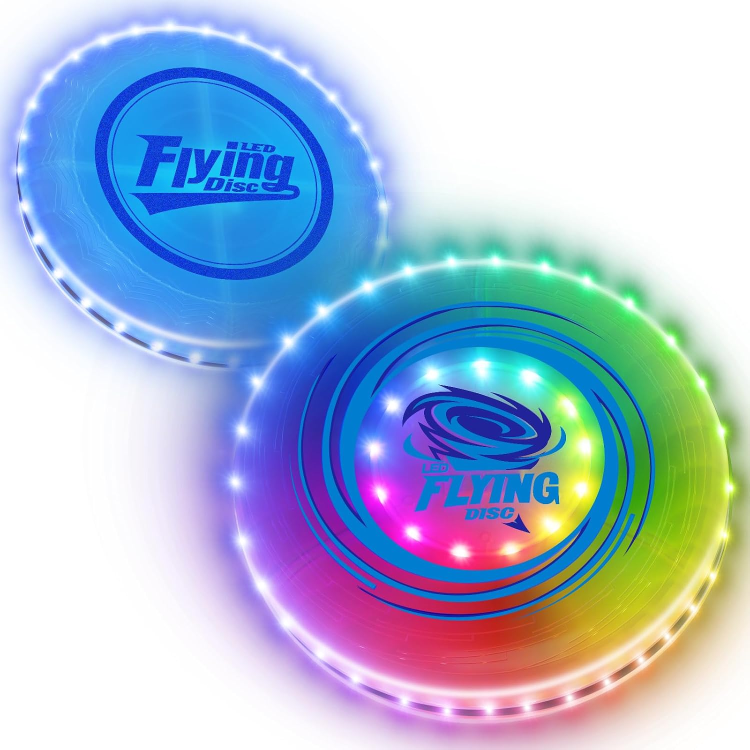 2 Pack Light up Flying Discs for Kids, Rechargeable Disc with 45 LEDs, 14 Lighting Modes(10") & Built-in Battery Disc(7.8"), Glow in The Dark Flying Ring for Beach/Summer Camping/Outdoor Sport