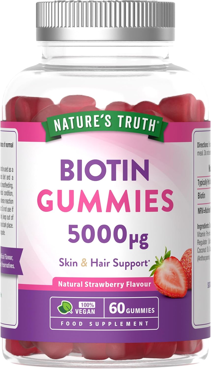 Biotin Gummies 5000mcg | 60 Vegan Gummies | High Strength | Skin & Hair Support | Natural Strawberry Flavour | Nature's Truth
