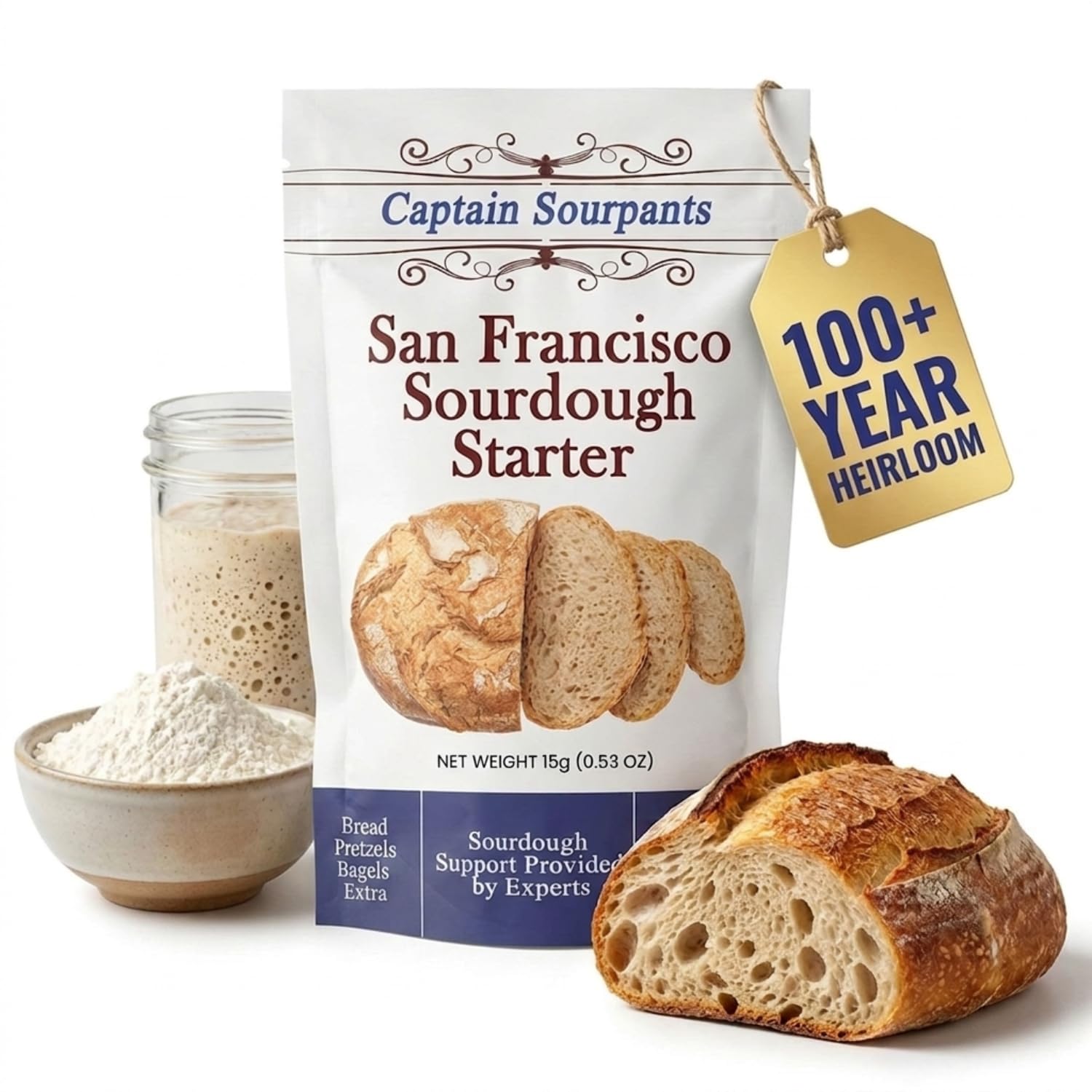 San Francisco Sourdough Starter Culture- 100+ Year Old Dehydrated Heirloom Style Sourdough Starter Kit for Sourdough Bread, Pizza, Buns, Pancakes, Muffins | Easy to follow instructions. By Captain Sourpants