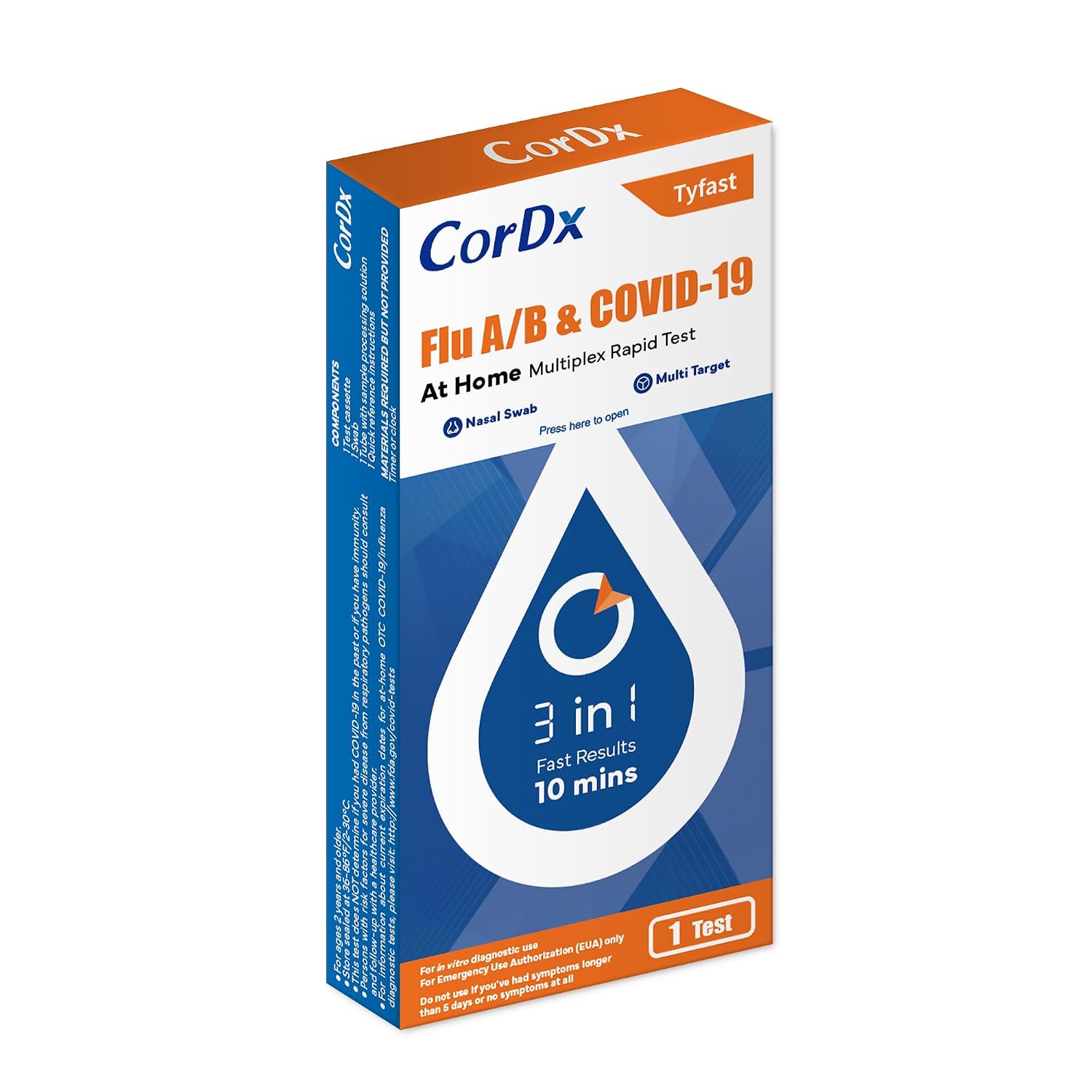 CorDx Flu A/B & COVID-19, At Home 3-in-1 Rapid Test Kit, 1 Test
