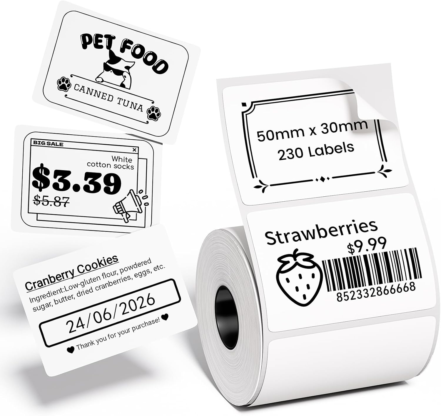 M110 Thermal Labels - 1.96"X1.18" (50X30MM), Compatible with Label Maker Machine M100/ M110/M220/ M250/ M221/M421/241BT/243BT, Multi-Purpose Adhesive Thermal Labels, Black on White, 230 Labels/Roll