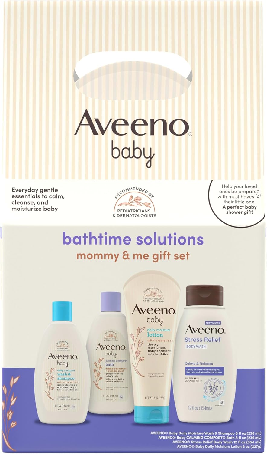 Aveeno Baby Bathtime Solutions Mommy & Me Gift Set, Baby Wash & Shampoo, Calming Bath, Daily Moisturizing Lotion & Stress Relief Body Wash for Mom, Nourishing Oat, Registry Must Haves, 4 items