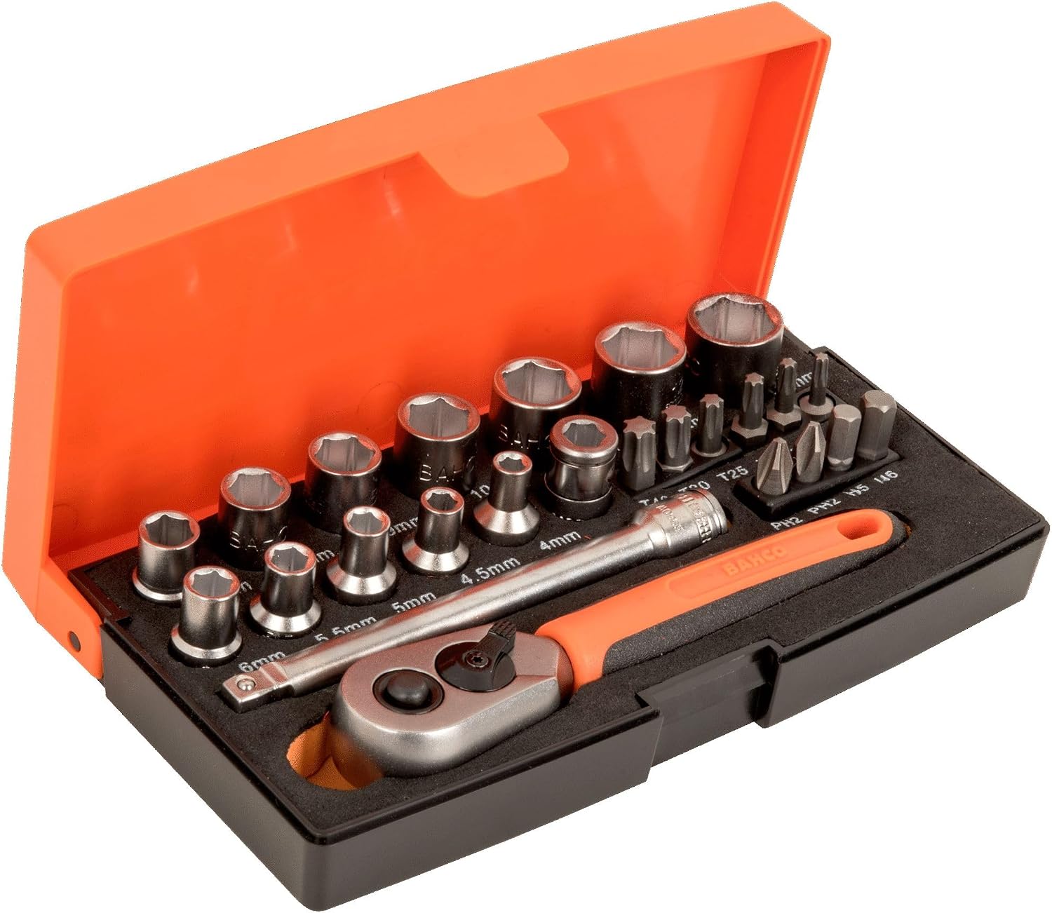 Bahco SL25 1/4in Drive Socket Set, 25 Piece Kit with Secure‑Fit Sockets for Reliable Torque Transfer and Efficient Repair Tasks in a Compact Organized Case