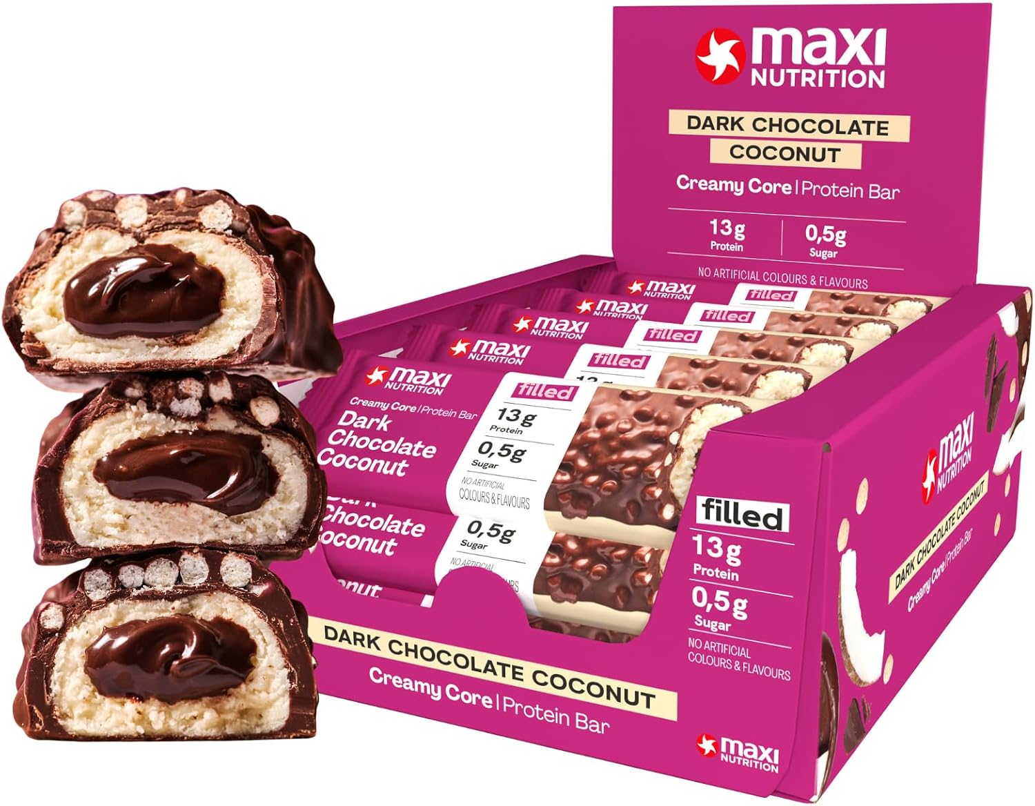 MaxiNutrition Creamy Core Protein Bar - Low in Sugar - 13g High Protein - Dark Chocolate Coconut, 189 kcal per Serving, 12 x 45g NO ARTIFICIAL COLOURS & FLAVOURS, NEW IMPROVED TASTE
