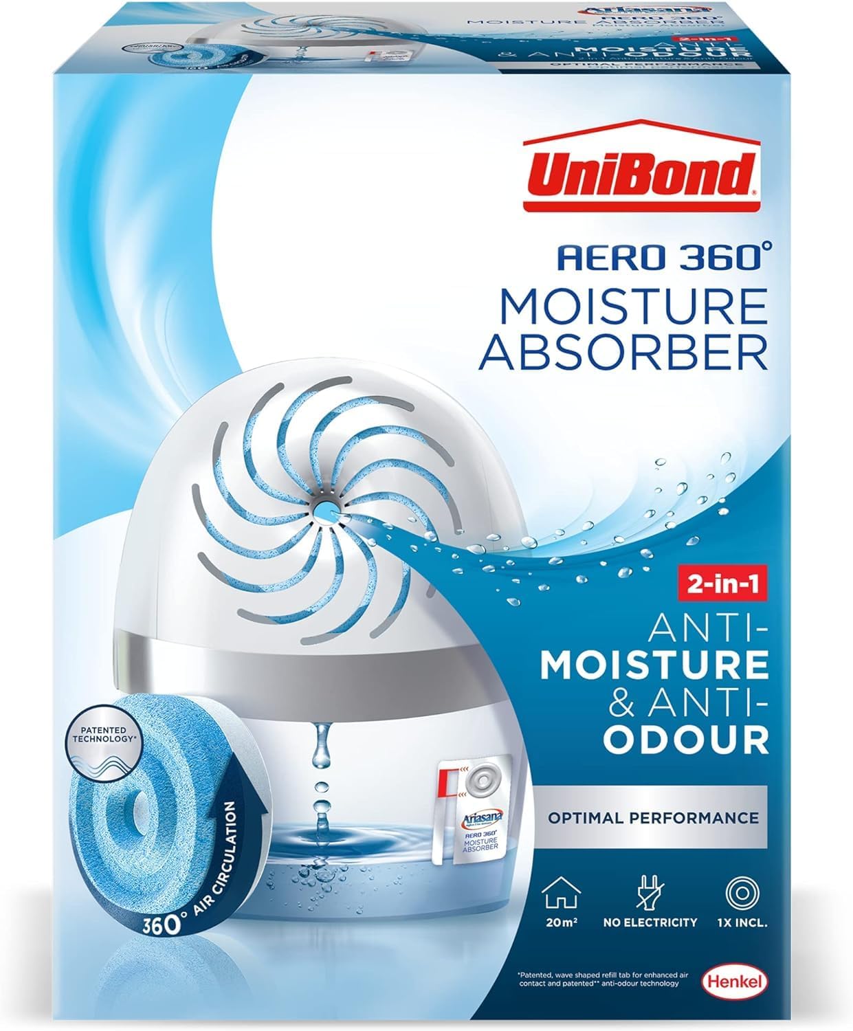 UniBond AERO 360º Moisture Absorber, 1 Device incl. 1 Refill Tab 450g, Ultra-Absorbent Dehumidifier, Helps to Prevent Condensation, Mould & Musty Smells, Recyclable, Refillable Condensation Absorber