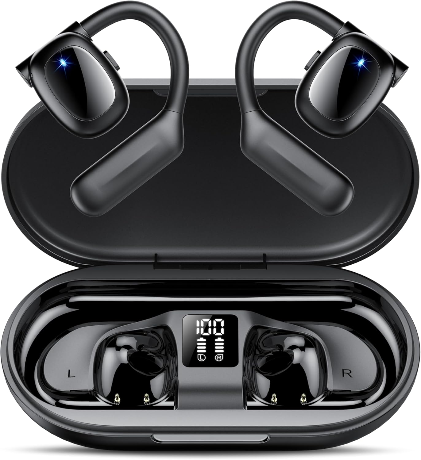 Hendari Open Ear Headphones, Air Conduction Tech, Bluetooth 5.3 Wireless Earbuds with Ear Hooks, Over Ear Earphones for Sports, Stereo Sound, 75H Playtime, with LED Charging Case, IPX5 Waterproof