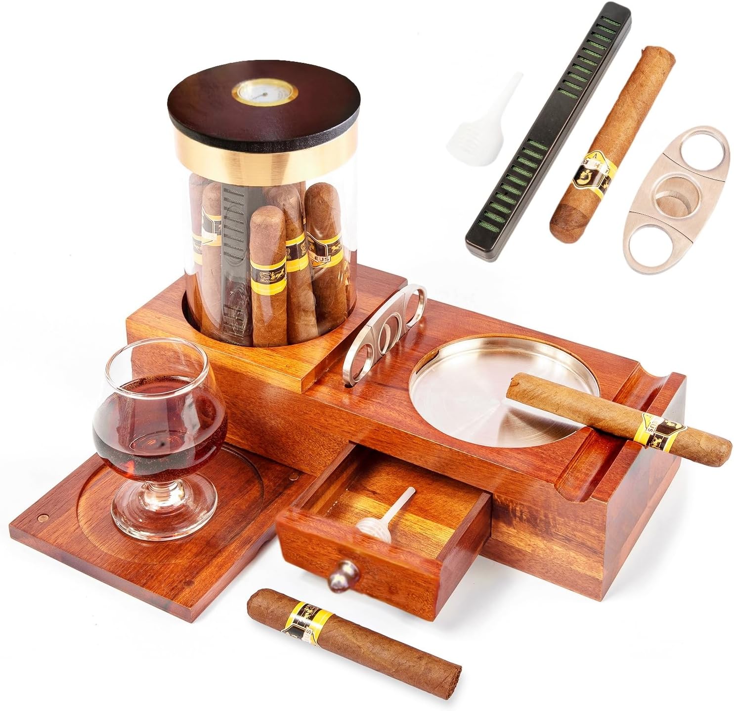 KING'S PALACE Cigar Humidor and Cigar Ashtray Set with Coaster,Humidifier,Hygrometer,Cigar Cutter,Drawer with Pull Rings,Acrylic Cigar Jar, Wooden Tray,Ashtray,Cigar Accessories Kit For Men Luxury