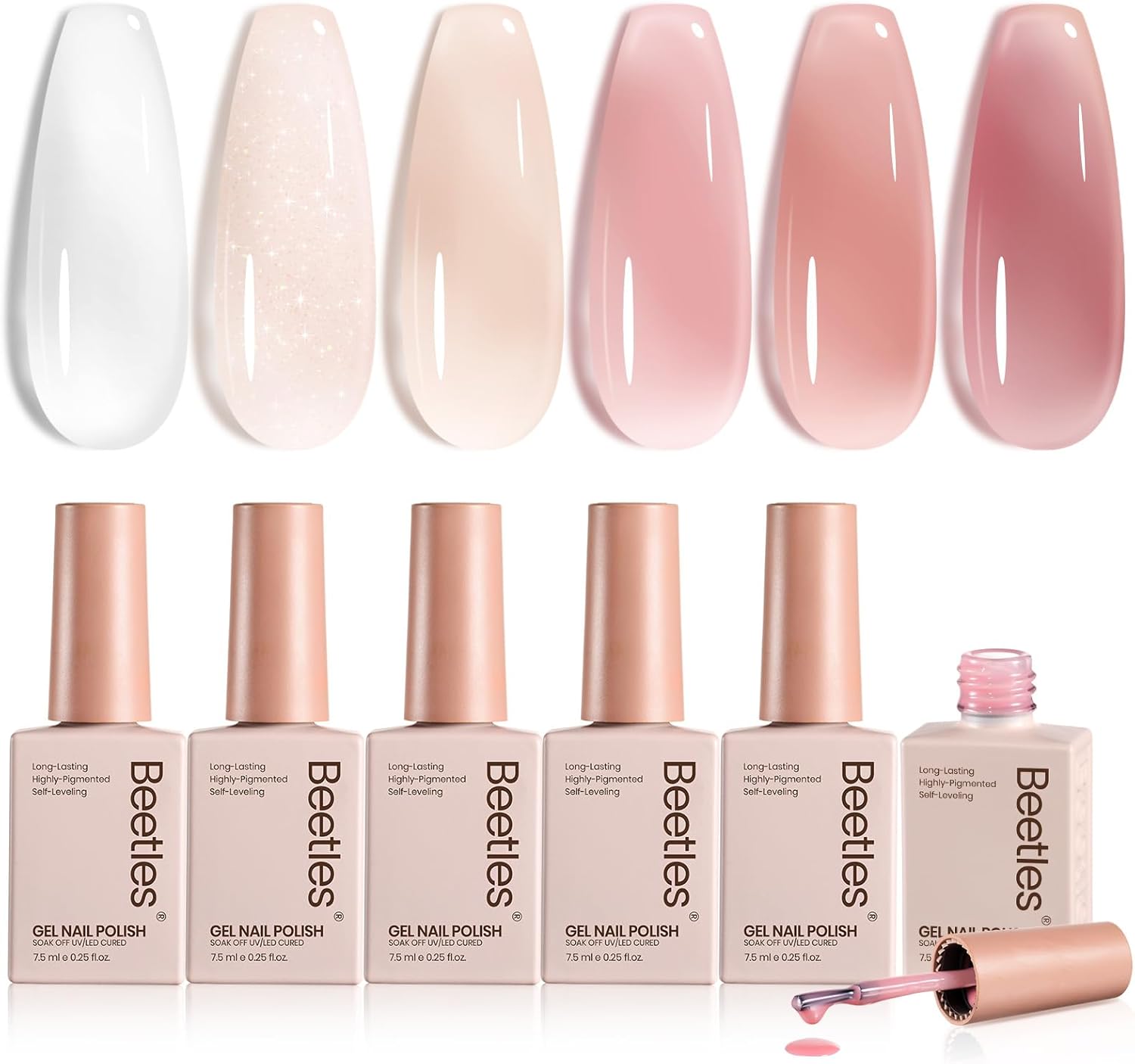 beetles Jelly Gel Nail Polish Set, 6 Colours Milky White Nude Sheer Pink Translucent Soak off Uv Nail Gel DIY Manicure Design Gift for Women Girls