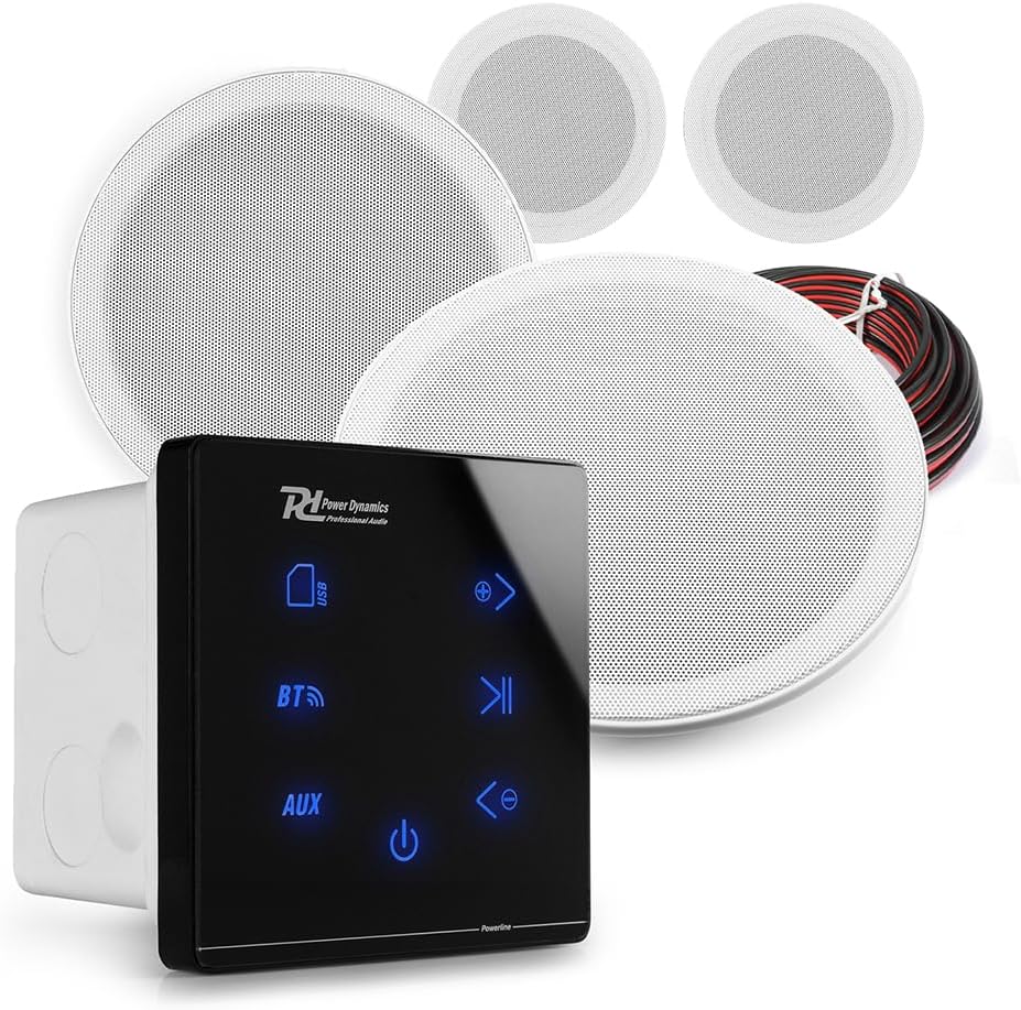 Power Dynamics 4x MSLP65 Marine Ceiling Speakers With A100B Black Wall Amplifier - Bluetooth Weatherproof Outdoor Speaker System