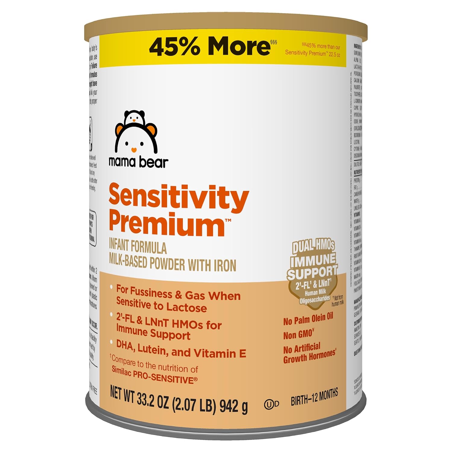 Amazon Brand - Mama Bear Sensitivity Premium Infant Formula Powder with Iron, Dual HMOs for Immune Support, Non-GMO, for Fussiness and Gas from Lactose Sensitivity, 33.2 Ounce (Pack of 1)