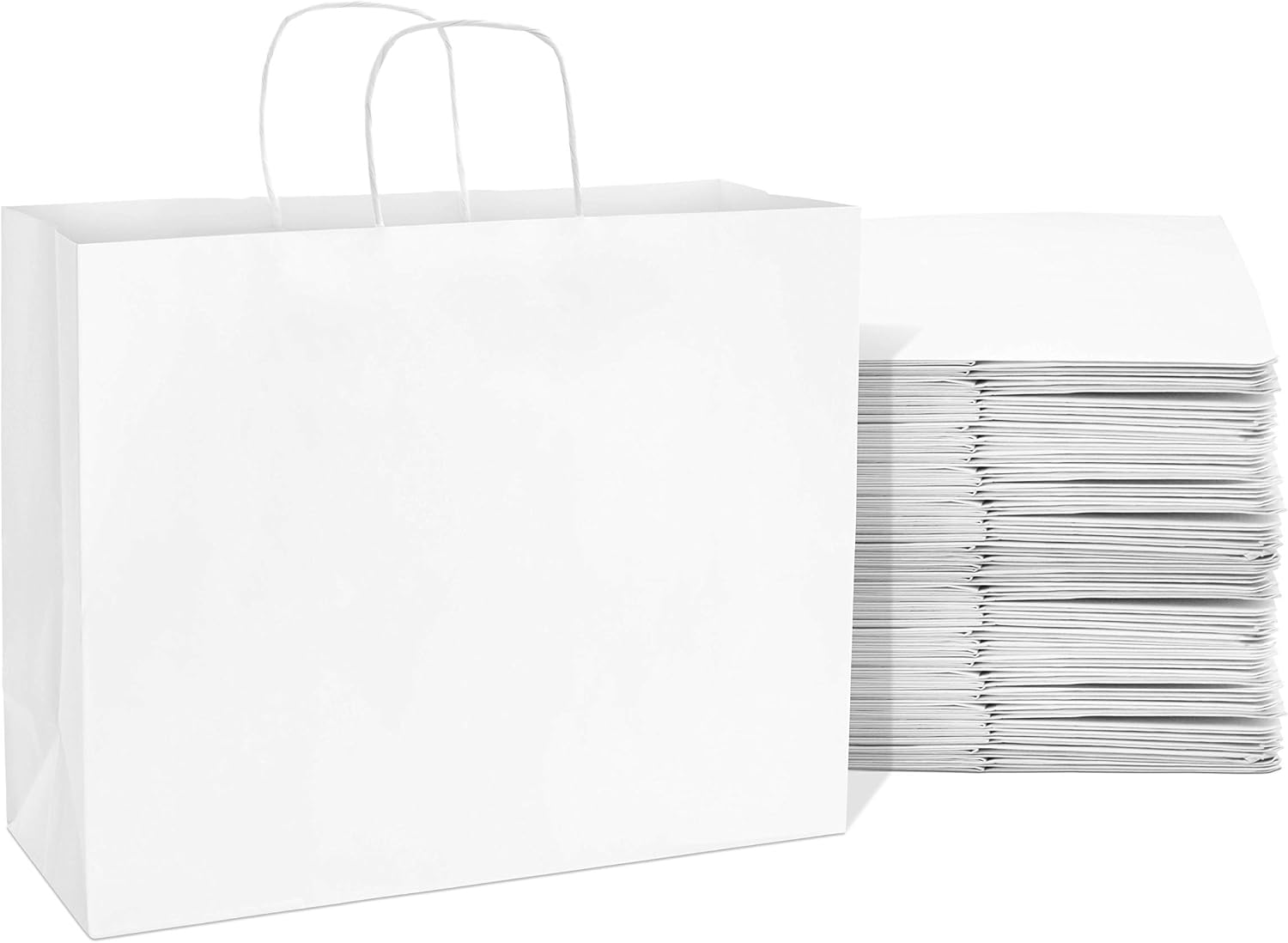 Prime Line Packaging 16x6x12 200 Pack Boutique Bags, Small Business, Food Storage Bags, White Kraft Paper Bags, Large Shopping Bags with Handles, Bulk