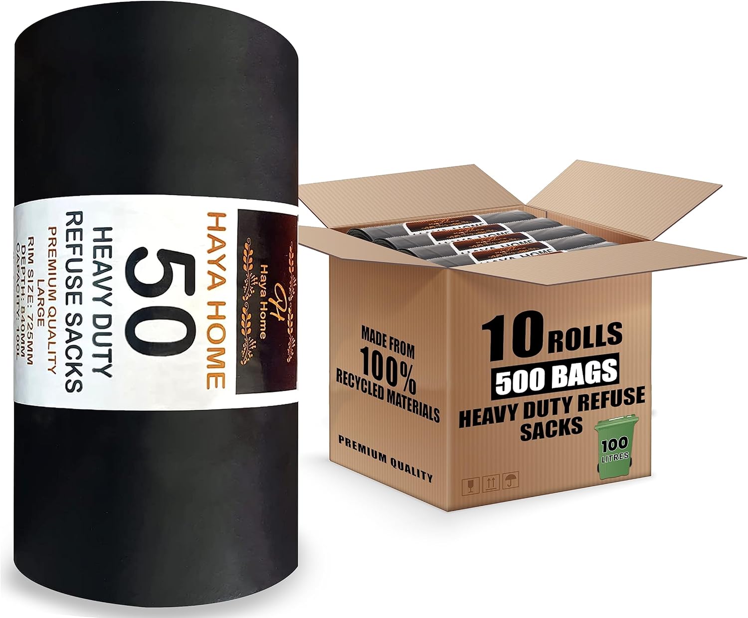 Haya Home 500 75L Black Plastic Bin Bags Heavy Duty Bin Liners, Refuse Sacks Pack of 50 x 10 Heavy Duty Waste Dustbin Bags roll for Kitchen Home Office DIY Garden Made from 100% Recycled Material