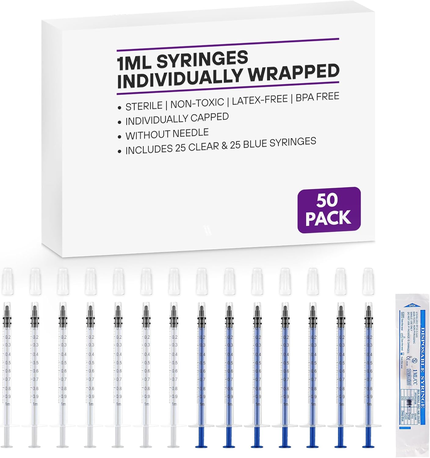 50Pcs 1ml Colostrum Syringe With Caps | No Needle for Refilling and Measuring Liquids, Colostrum Harvesting, Scientific Labs, Plant Watering, Pet Feeding | 25 Blue & 25 Clear Individually Wrapped