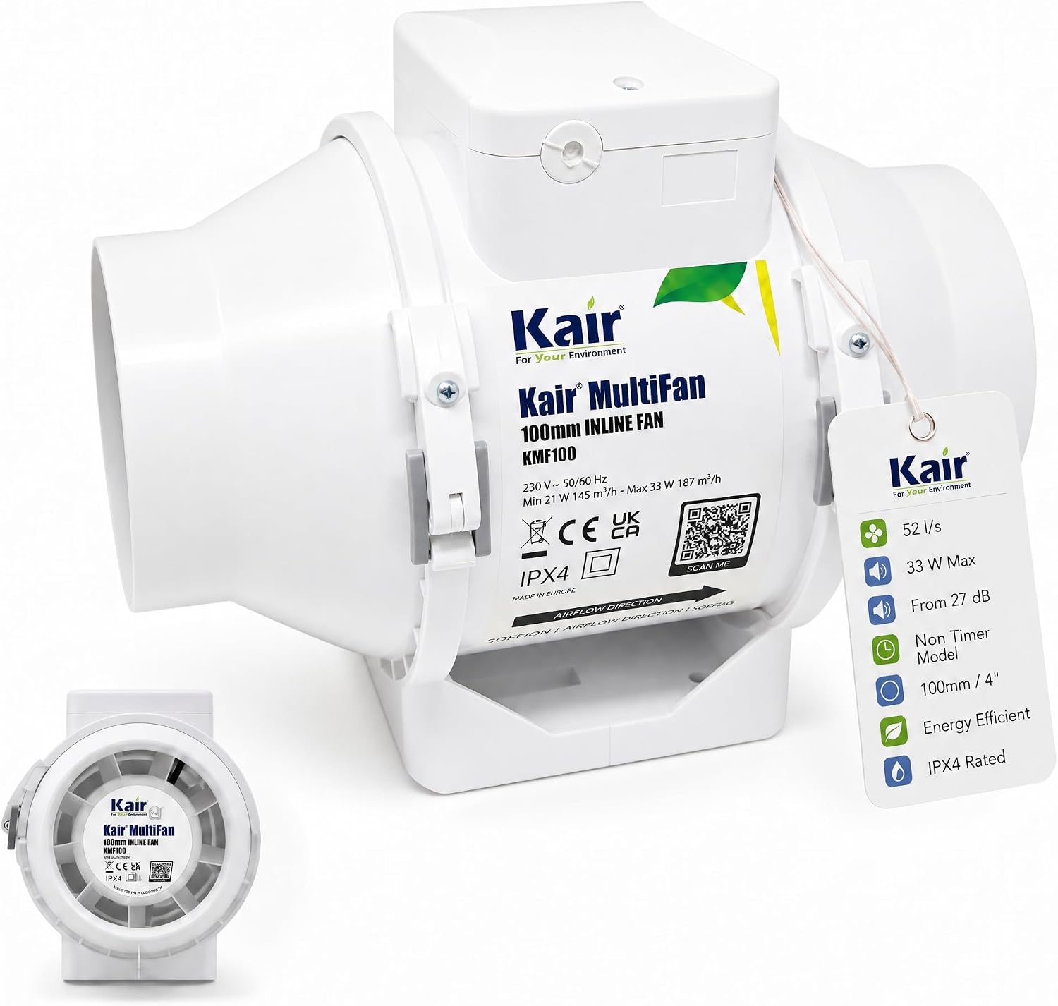 Kair MultiFan In Line Fan 100mm Standard | Compatible with 100mm plastic ducting, 2-speed operation, Powerful airflow up to 187 m3/h - 52 l/s