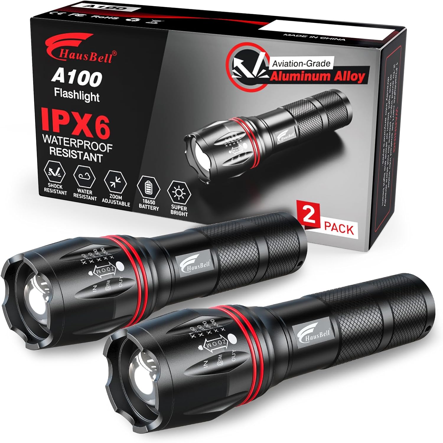 HAUSBELL A100 LED EDC Flashlights High Lumens,Bright, Zoomable, Waterproof, Powerful, Emergency Tactical LED Flashlights for Home and 5 Modes, Flashlight for Camping Gear、Hiking、Walking（2Pack）