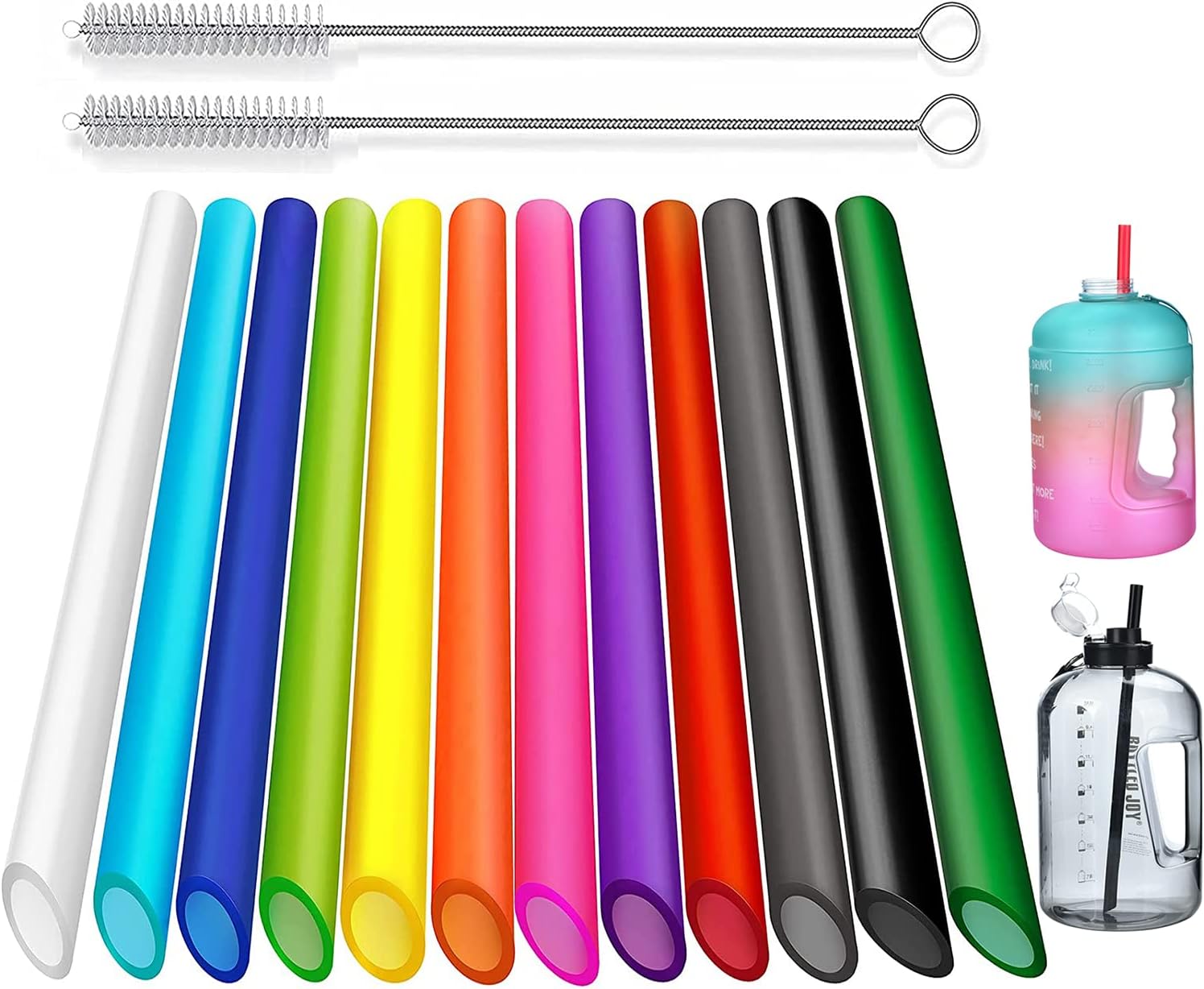 ALINK 12 PCS Reusable Plastic Boba Straws, 13 inch Extra Long Wide Smoothie Straws for 1 Gallon, 64/32 oz Water Bottles, Bubble Tea, Tapioca Pearls with 2 Brush - Pointed Design