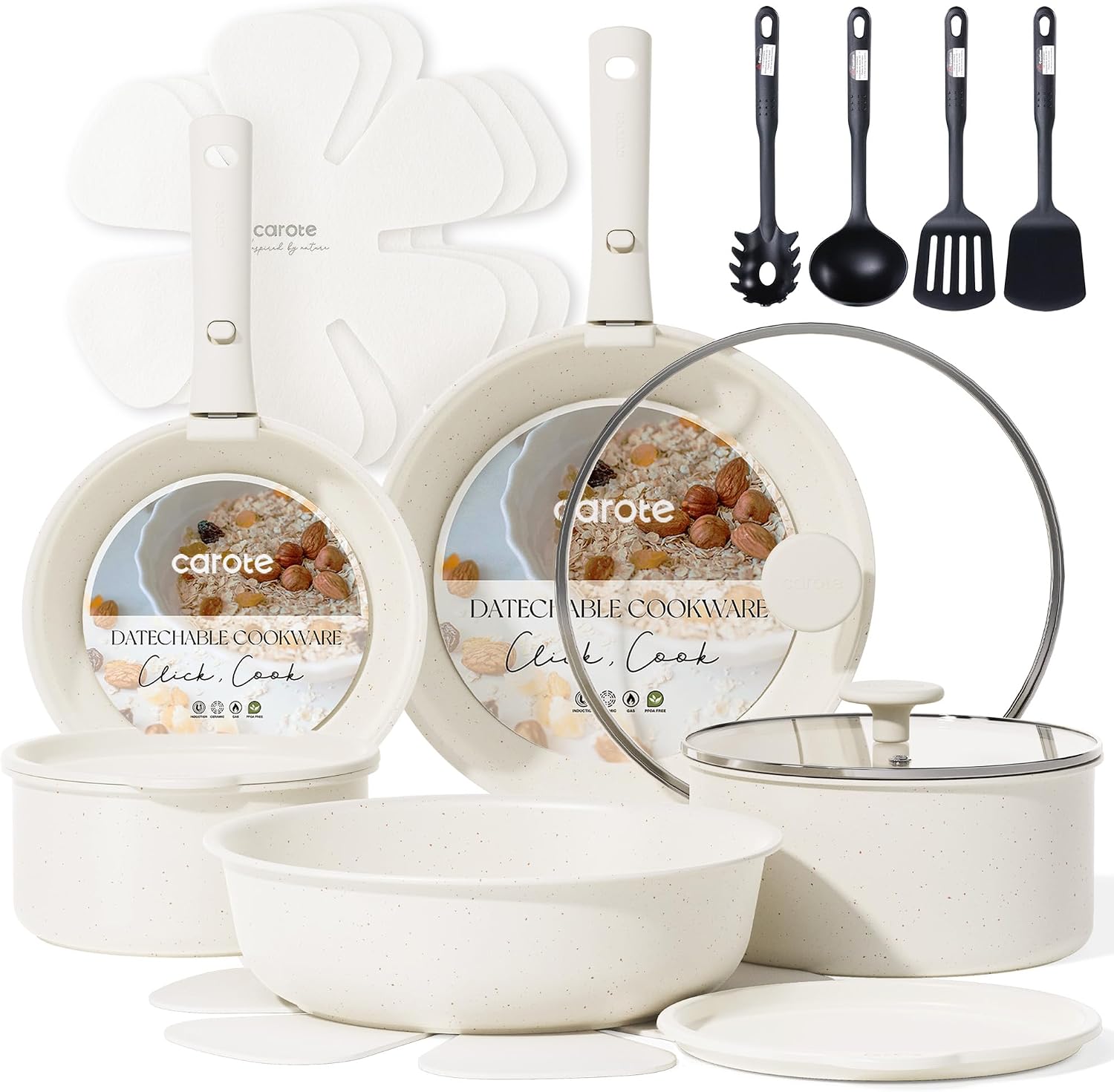 CAROTE 19pcs Pots and Pans Set Non Stick, Cookware Sets, Kitchen Set, Oven/Fridge Safe, Space Saving Pots Set, Nonstick Cooking Set with Versatile Detachable Handle, Induction RV Set, Cream White