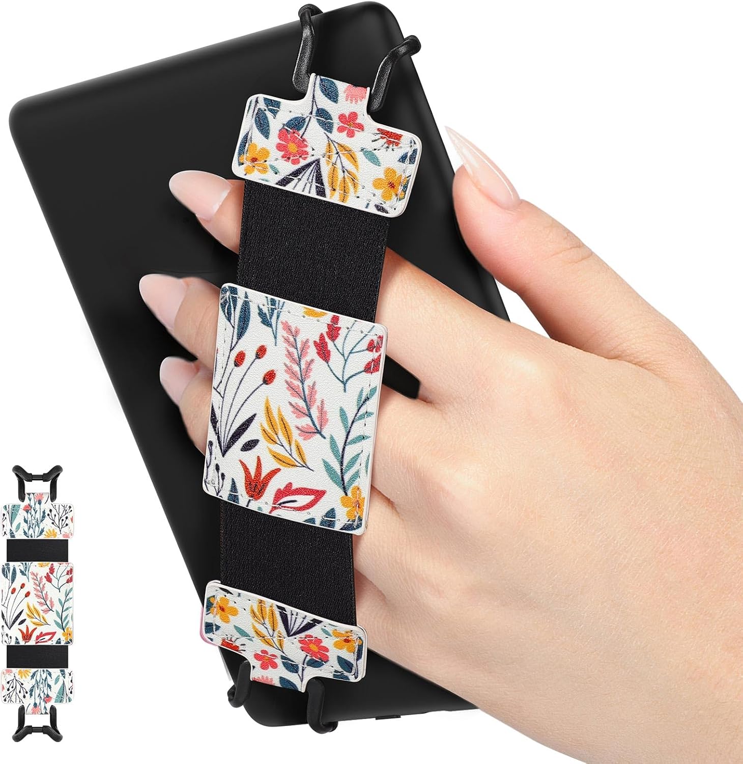 MoKo Soft Hand Strap for 6-8" Kindle eReaders Fire Tablet Kindle/Kobo/Voyaga/Lenovo/Sony Kindle E-Book Tablet, Black High-Elasticity Versatile Hand Strap Lightweight Finger Grip Holder, Flowers