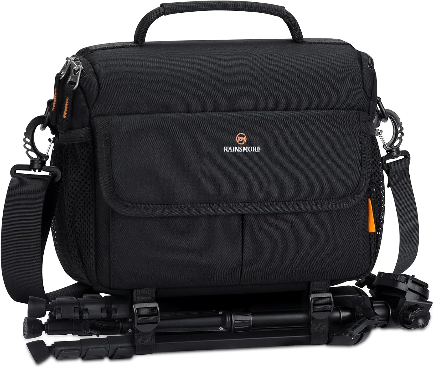 RAINSMORE Camera Bag for DSLR SLR Mirrorless Camera,Small Camera Sling Bag for Photographers Waterproof Camera Case with Tripod Holder Compact Camera Bag Crossbody with Rain Cover Black