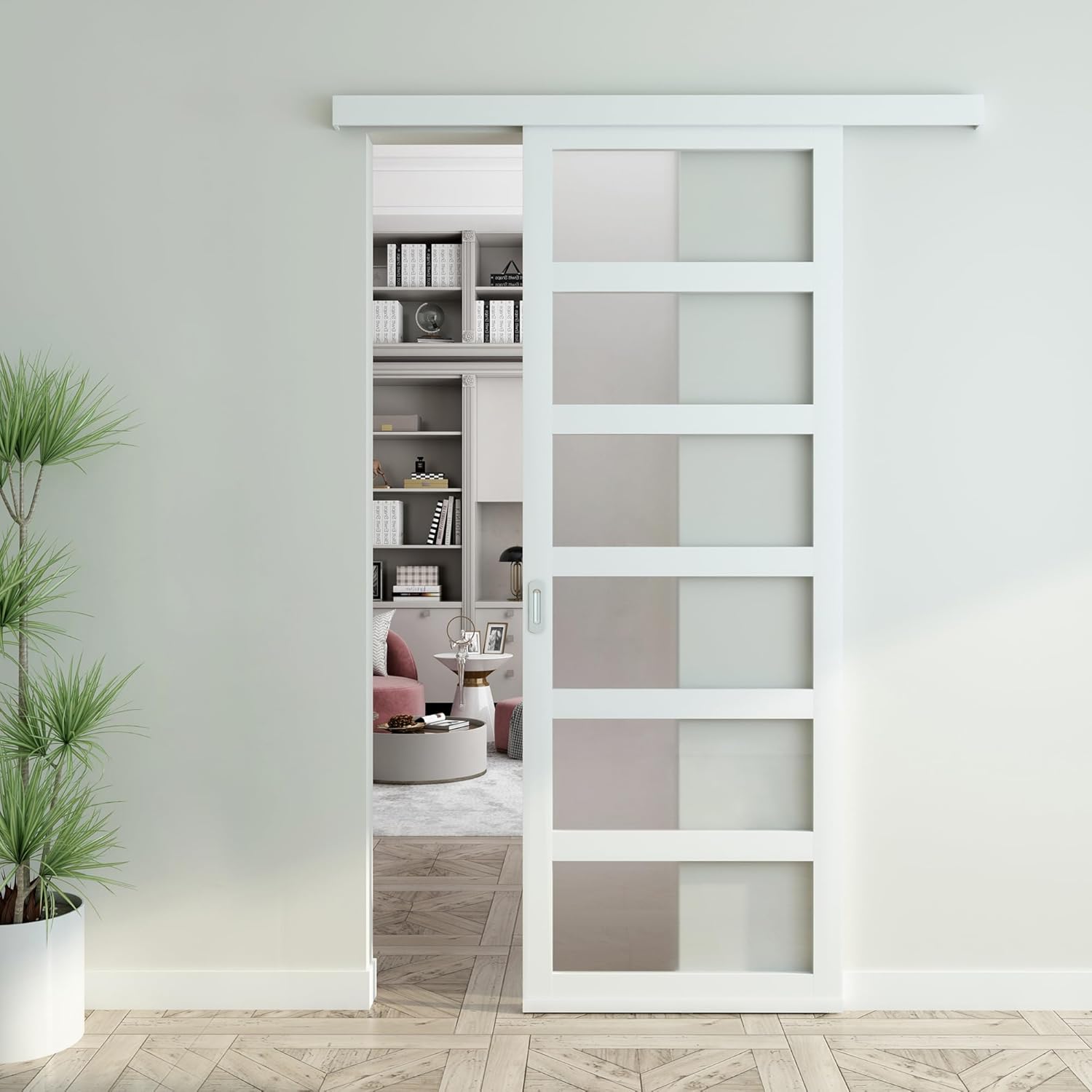 JUBEST 32"x84" White PVC Sliding Barn Door with Hardware Kit and Pull, Translucent Lightweight Plastic Barn Door, Water-Proof Acrylic Pane Door, Renter Friendly Barn Door, Easy Assembly