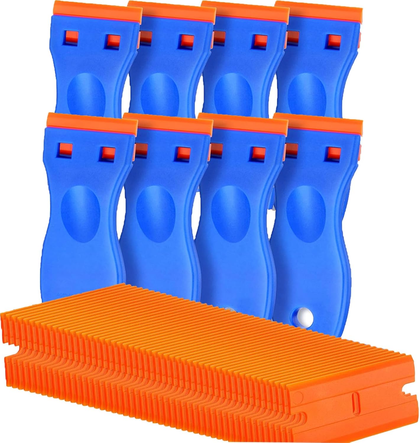 8 Pcs Plastic Razor Blade Scraper and 100 Pcs Blades, Remove Label Decal Tool， Forwithout Scratches Plastic Razor Blade Scraper, Adhesive Remover for Stickers, Kitchen Appliances and Paints on Window