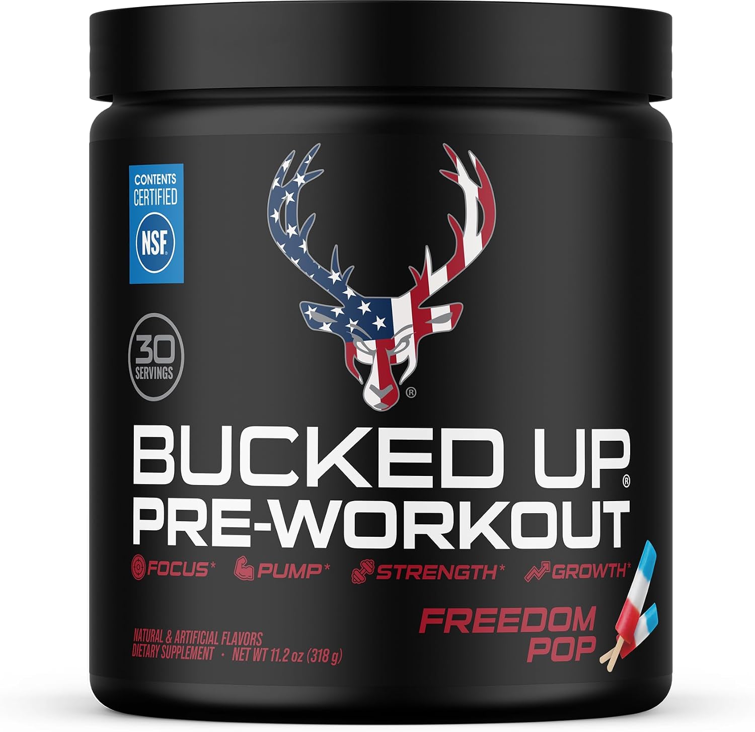 Bucked Up Pre Workout Freedom Pop | 200mg Caffeine with Citrulline Malate Beta Alanine AlphaSize and Taurine | Pre Workout Powder (30 Servings)