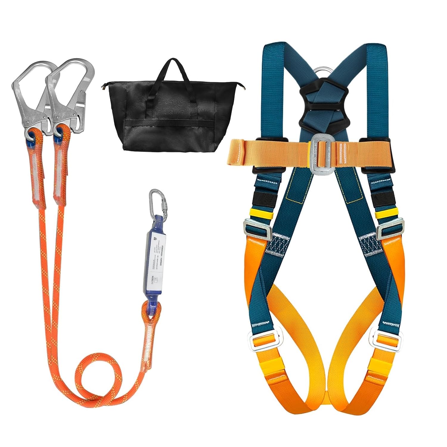 Full-Body Safety Harness with Energy Absorber, 1.8m Dual Lanyards | & Alloy Steel Large Hooks, 140kg Max Load, EN 361/354/355, Fall Protection for Men Roofing, Climbing & Working at Height