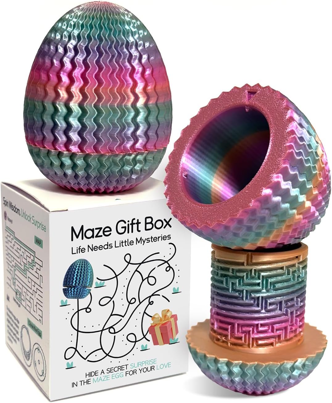 Mystery Egg Maze Box Gift, Money Puzzle Box for Cash, 3D Printed, Maze Game with Hidden Compartment, Treasures, Reusable Gift for Adults & Kids, Birthday, Christmas, Halloween, Easter (Rainbow)