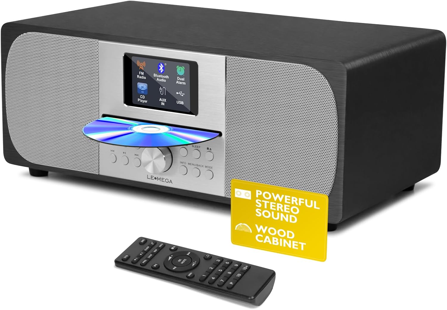 LEMEGA MSY6 Bluetooth Stereo System for Home I Powerful 100W CD Player I FM Radio I Bluetooth Audio Streaming I USB Player I Aux-in I Alarms & Clock I Colour Display I Acoustic Wood Cabinet-Black