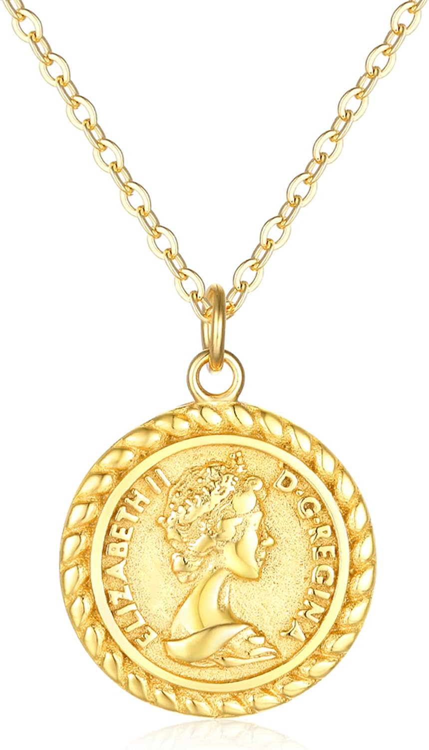 VACRONA Coin Necklace 18k Gold Plated Vintage Textured Medallion Coin Pendant Round Circle Disk Dainty Necklace for Women