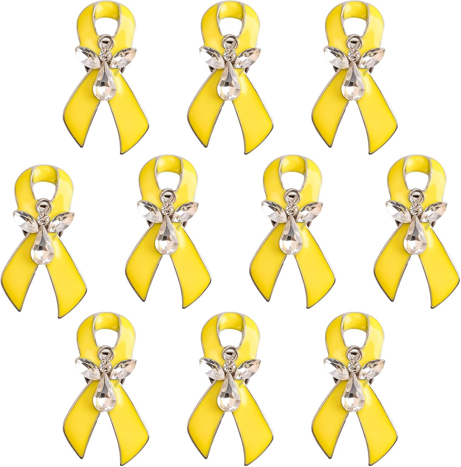 WANDIC 10Pcs Yellow Ribbon Pins, Angel Designed Metal Brooches with Diamond for Bladder Cancer Childhood Cancer Bone Cancer Awareness